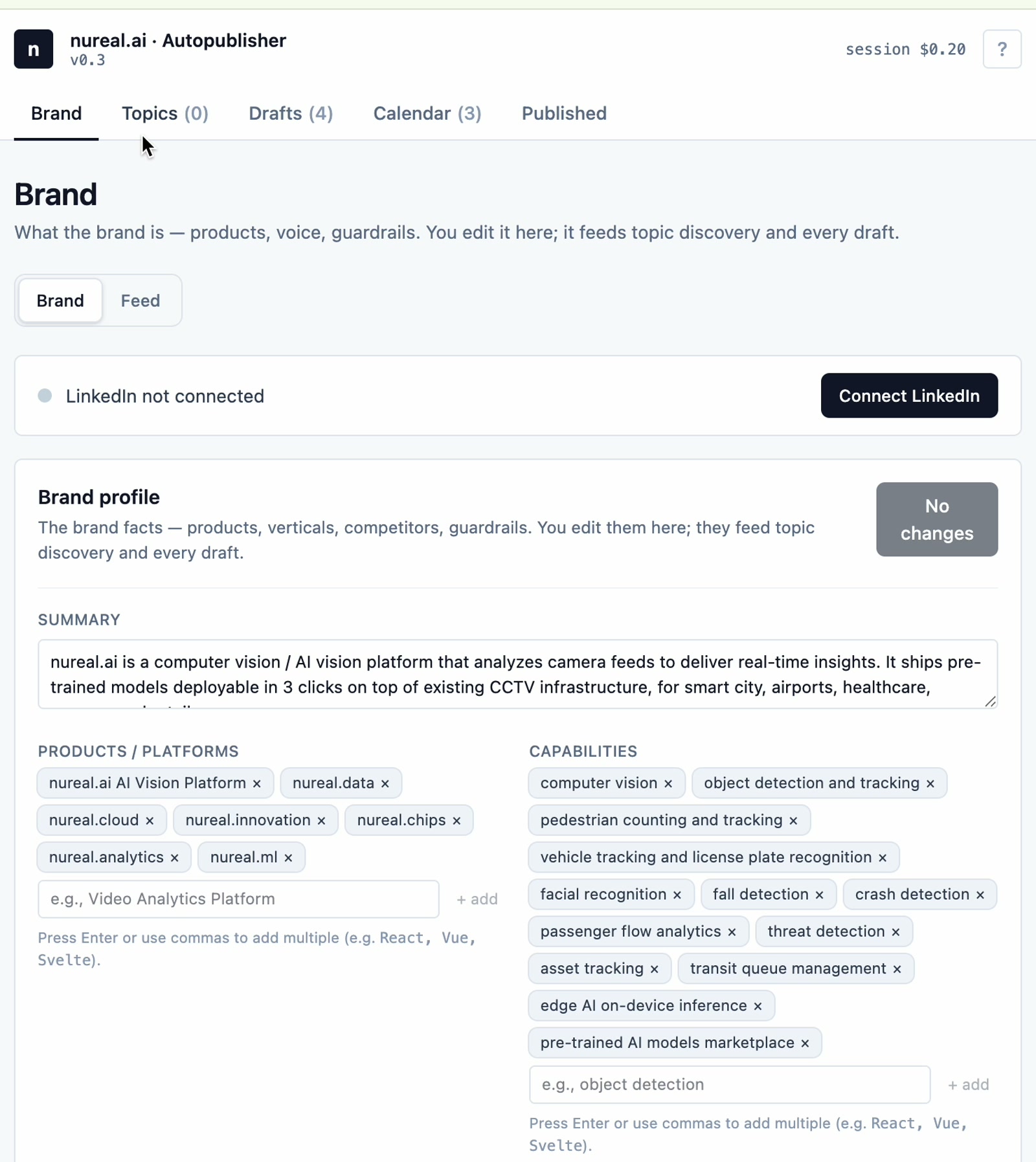 Brand tab — products, verticals, competitors and guardrails