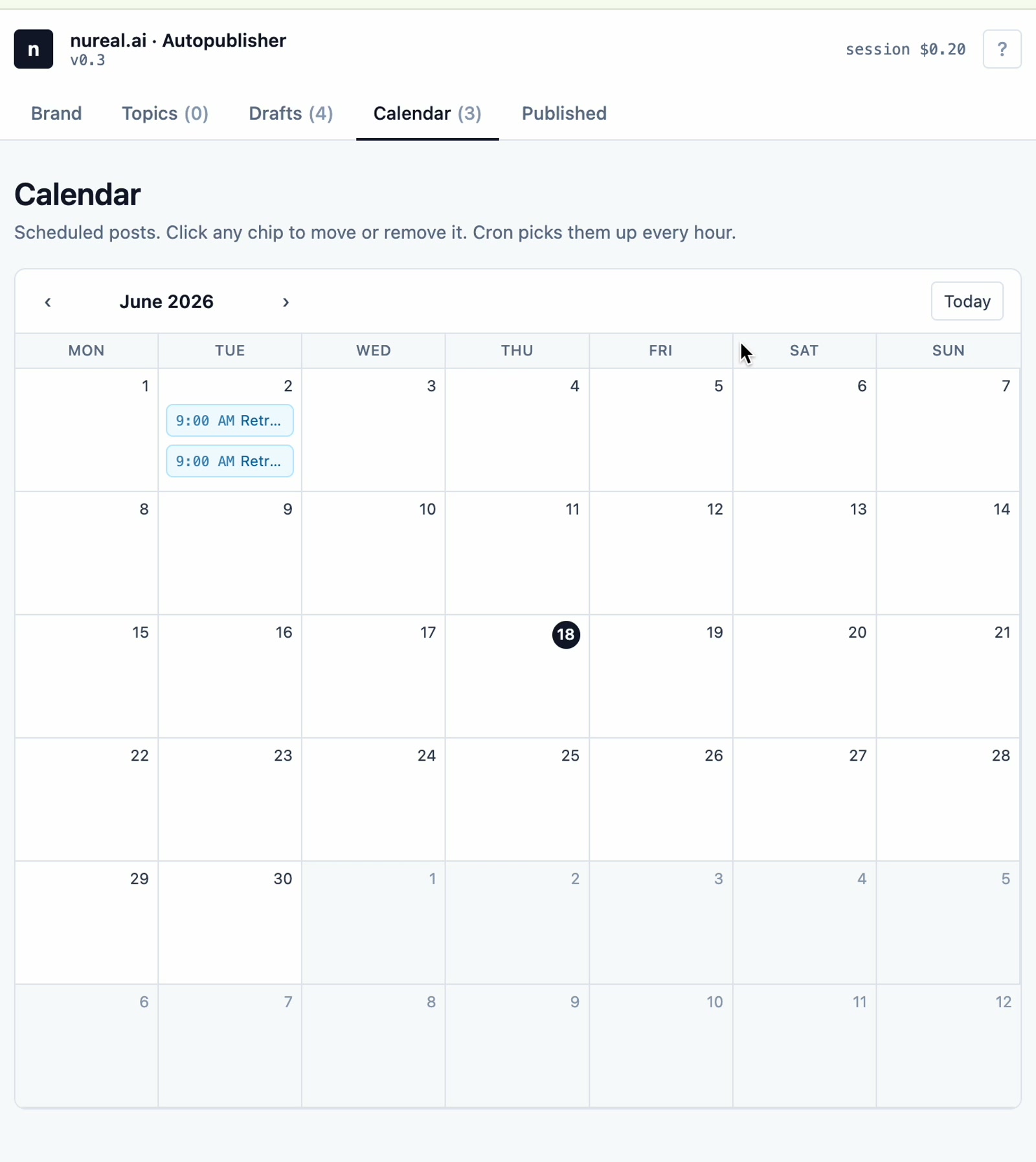 Calendar tab — scheduled posts published by an hourly job