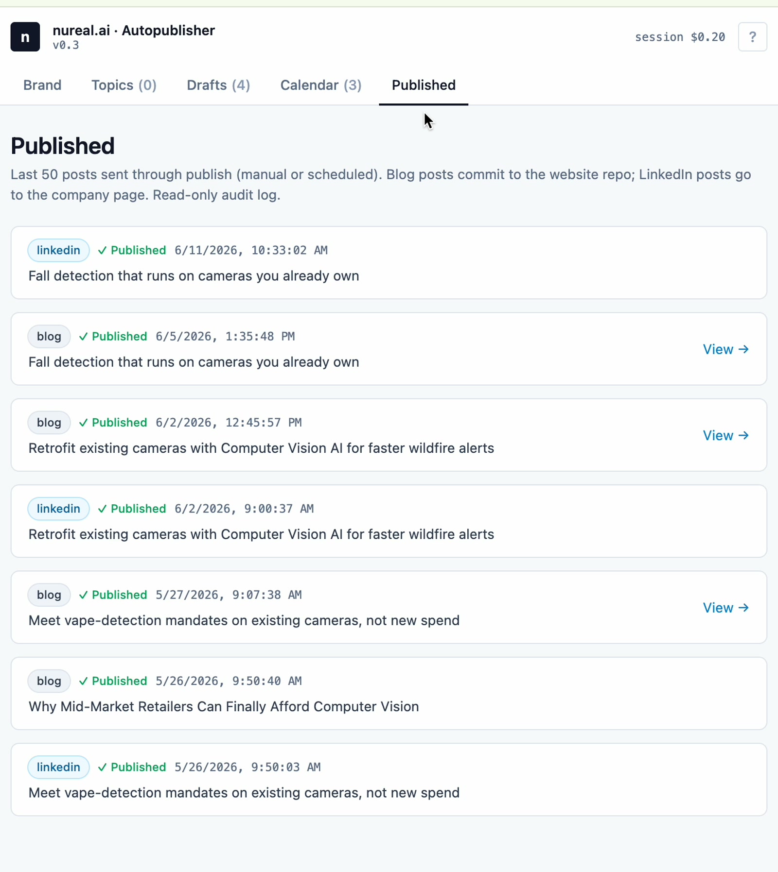 Published tab — read-only audit log of everything that went out