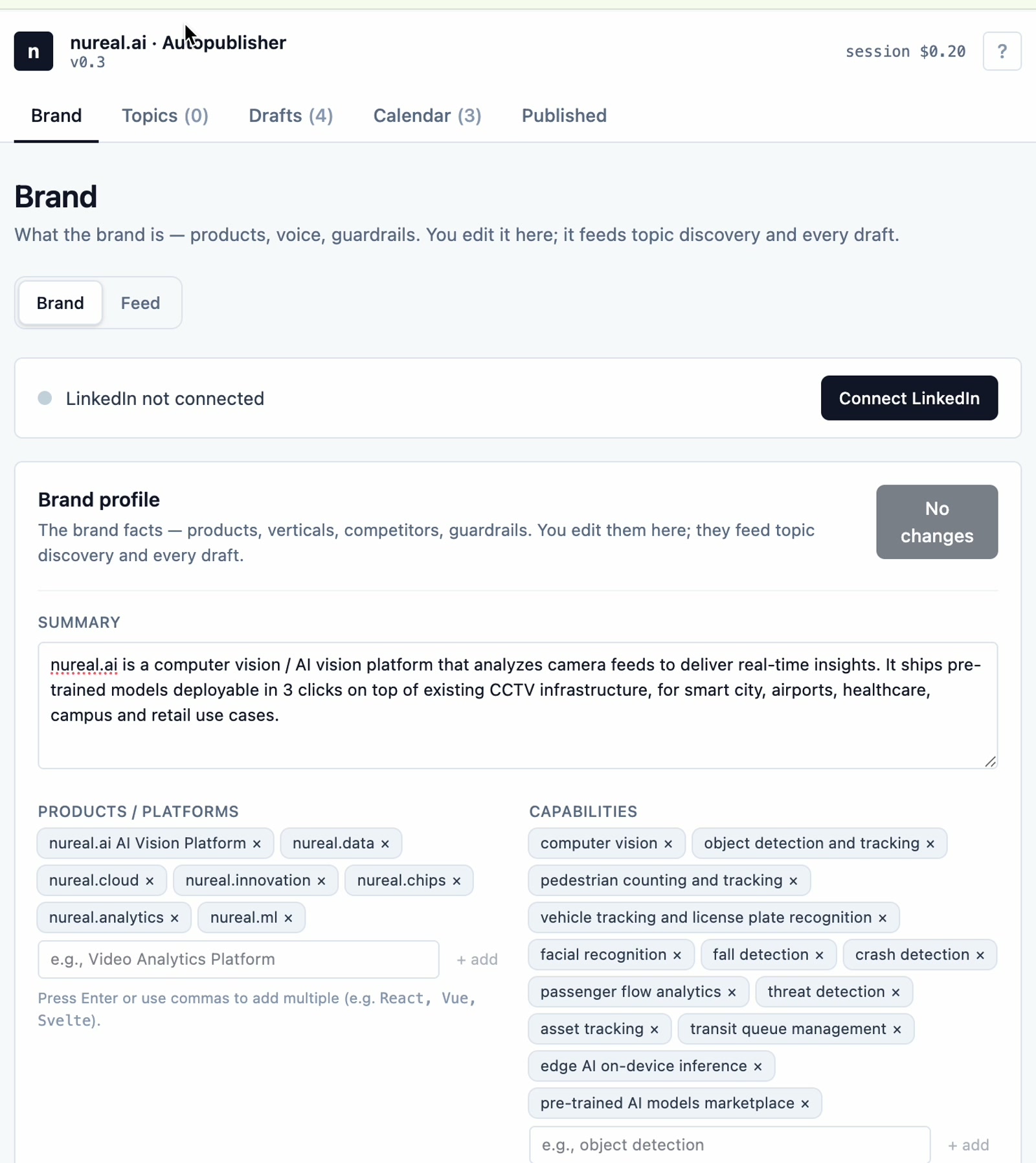 Topics tab — reference link, keyword, editorial brief