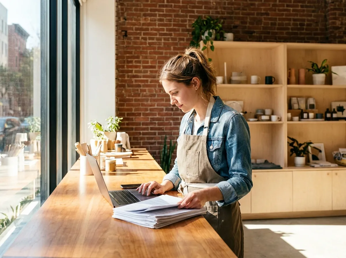 A shop owner copying paper order forms into a laptop.