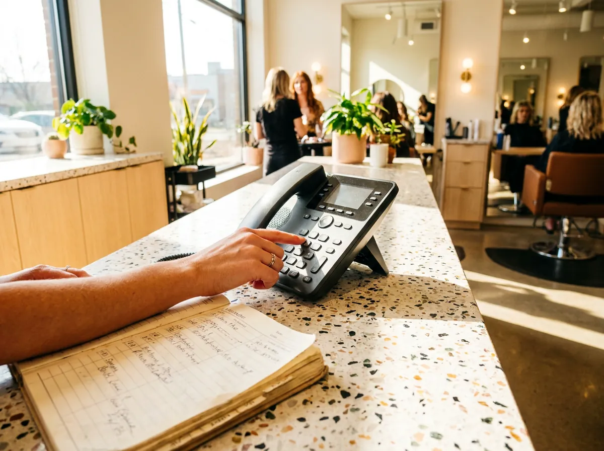 A hand dialling a desk phone beside a paper appointment book.